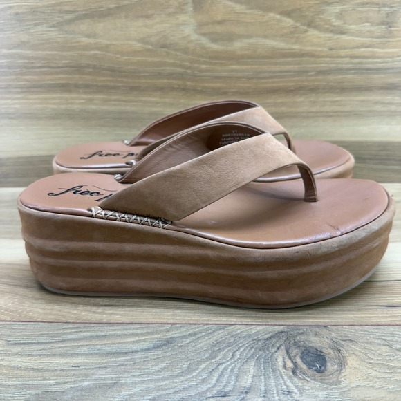 Free People Haven Platform Sandals 7 EU 37 Womens Tan Leather Thong Flip Flops - Picture 1 of 11